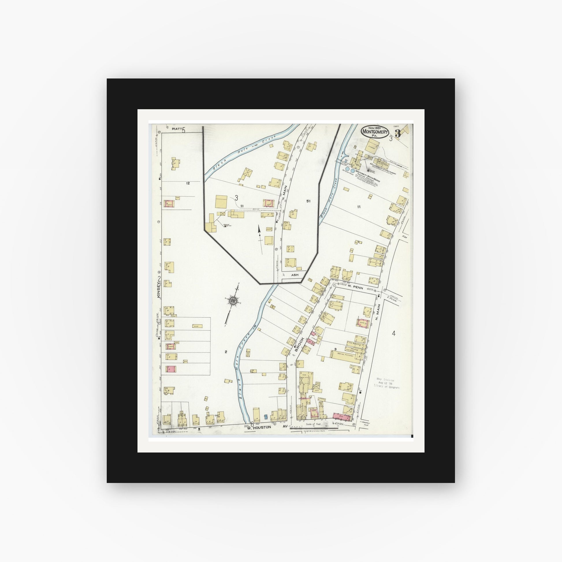 Old map wall art mockup — black gallery frame with white mat — Sanborn Fire Insurance Map from Montgomery, Lycoming County, Pennsylvania (1920), Sheet #0003