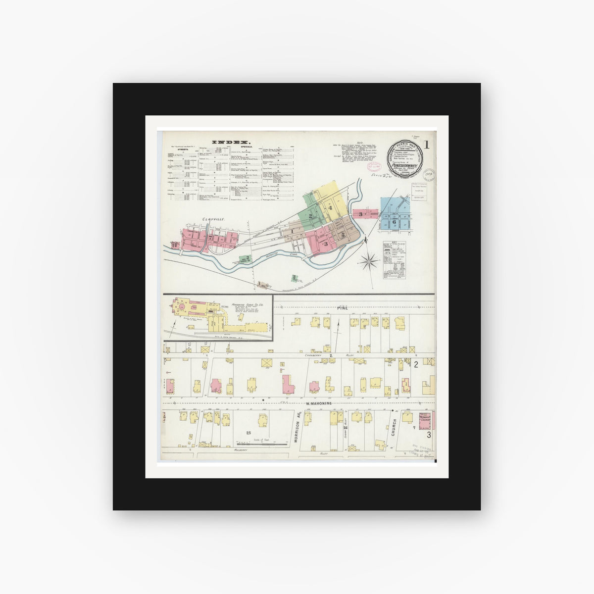 Old map wall art mockup — black gallery frame with white mat — Sanborn Fire Insurance Map from Punxsutawney, Jefferson County, Pennsylvania (1896) - Complete Map Set