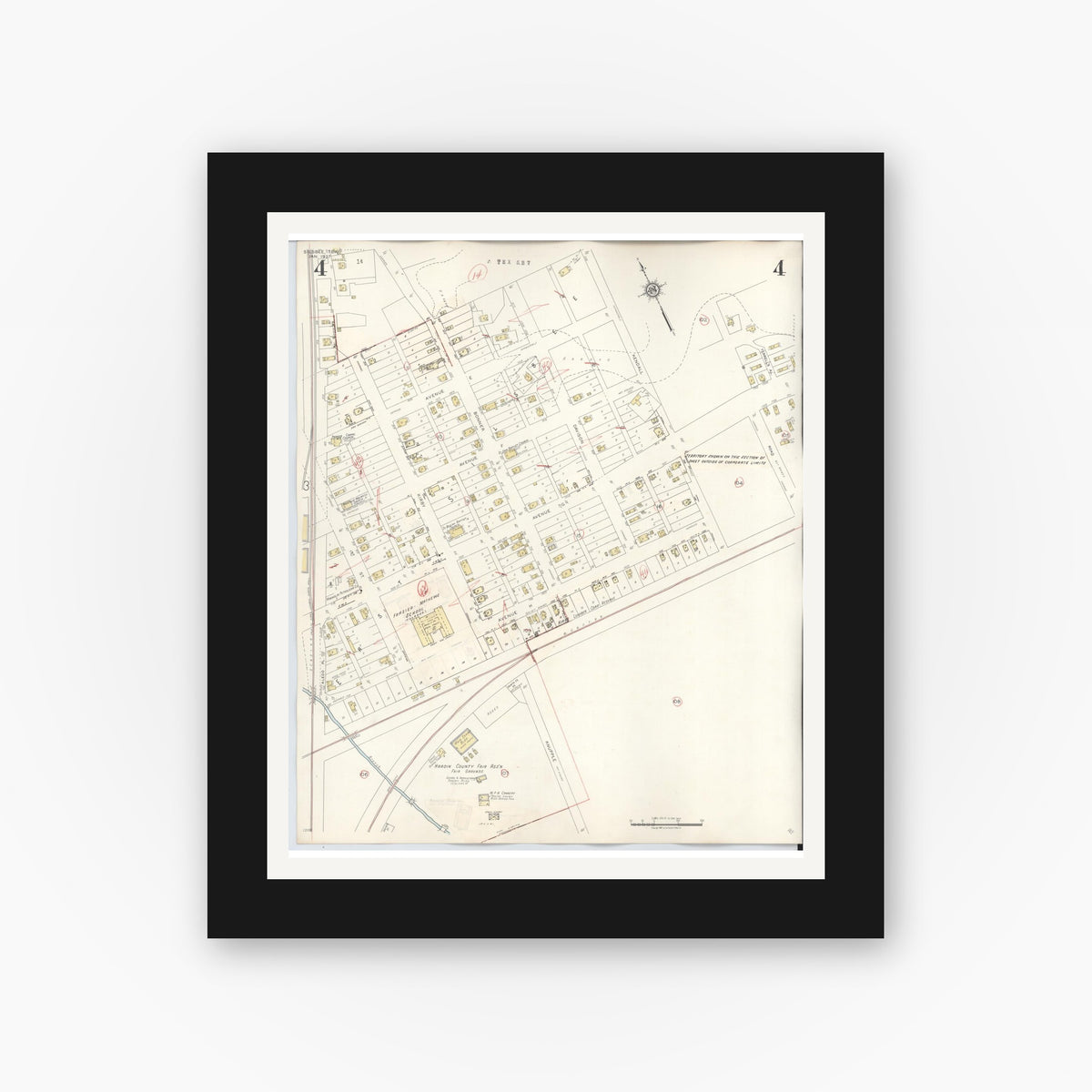 Old map wall art mockup — black gallery frame with white mat — Sanborn Fire Insurance Map from Silsbee, Hardin County, Texas (1942), Sheet #0004