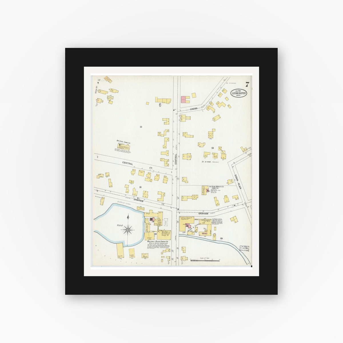 Old map wall art mockup — black gallery frame with white mat — Sanborn Fire Insurance Map from Leominster, Worcester County, Massachusetts (1901), Sheet #0007