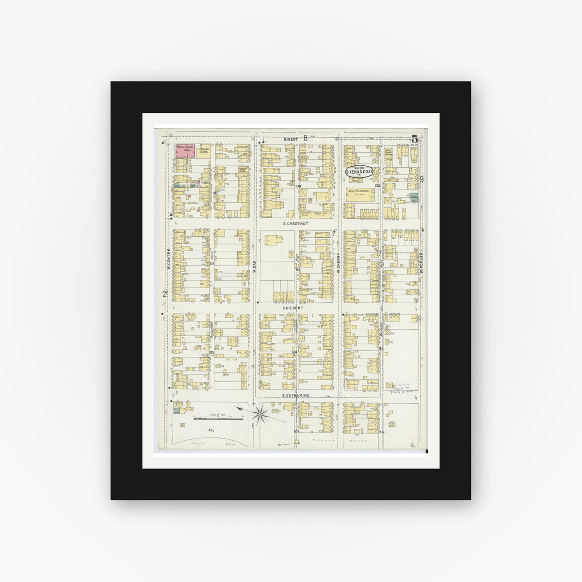 Old map wall art mockup — black gallery frame with white mat — Sanborn Fire Insurance Map from Shenandoah, Schuylkill County, Pennsylvania (1896), Sheet #0005