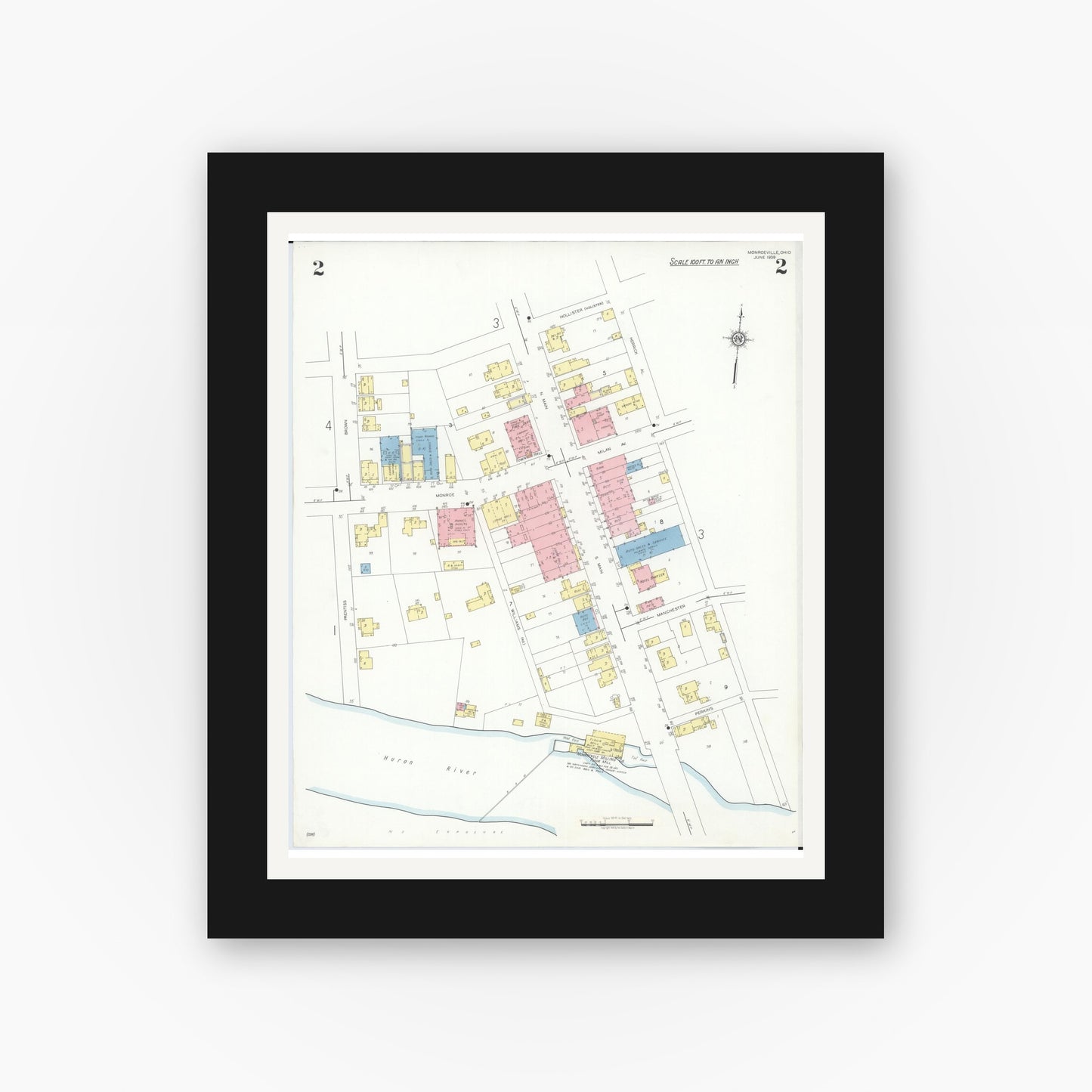 Old map wall art mockup — black gallery frame with white mat — Sanborn Fire Insurance Map from Monroeville, Huron County, Ohio (1939), Sheet #0002