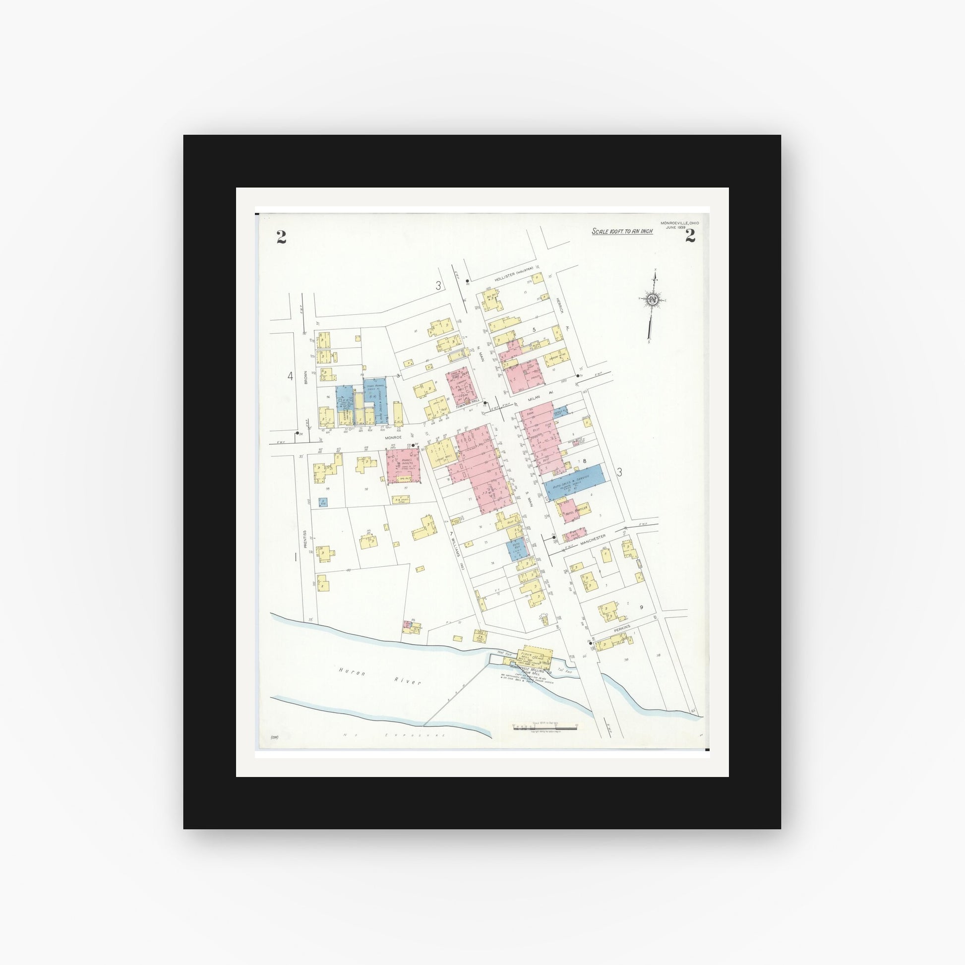 Old map wall art mockup — black gallery frame with white mat — Sanborn Fire Insurance Map from Monroeville, Huron County, Ohio (1939), Sheet #0002