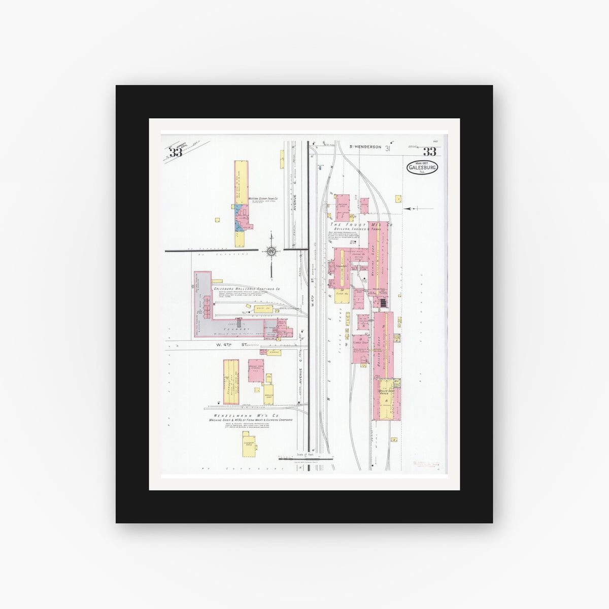 Old map wall art mockup — black gallery frame with white mat — Sanborn Fire Insurance Map from Galesburg, Knox County, Illinois (1927), Sheet #0033