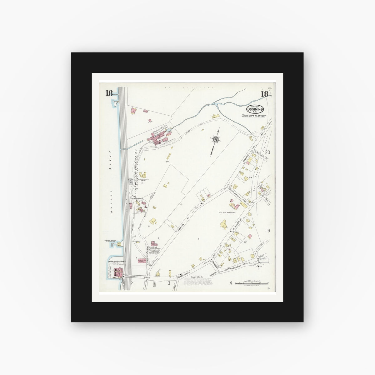 Old map wall art mockup — black gallery frame with white mat — Sanborn Fire Insurance Map from Ossining, Westchester County, New York (1924), Sheet #0018