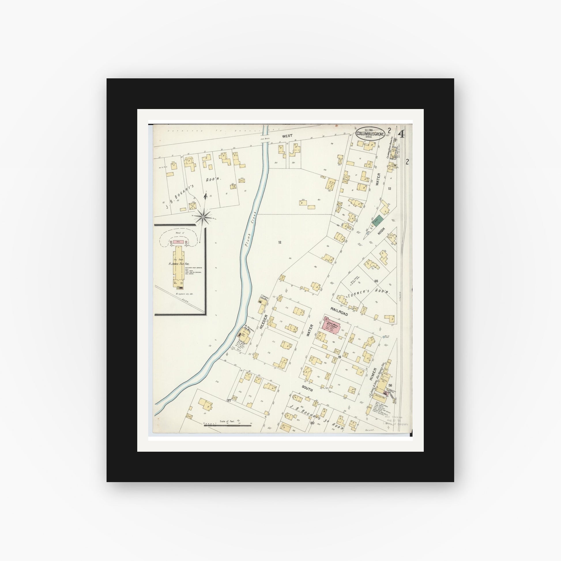 Old map wall art mockup — black gallery frame with white mat — Sanborn Fire Insurance Map from Columbus Grove, Putnam County, Ohio (1901), Sheet #0004