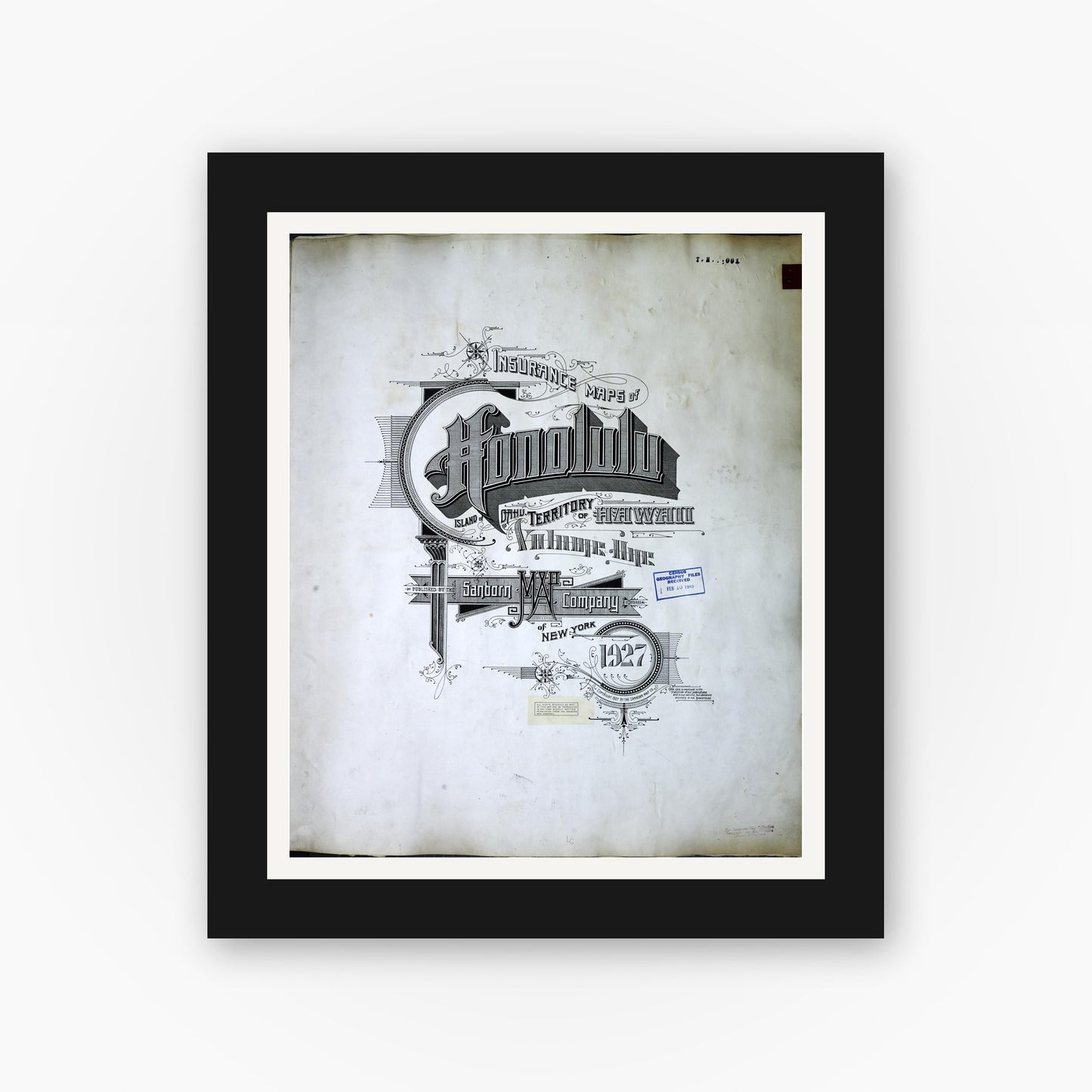 Old map wall art mockup — black gallery frame with white mat — Sanborn Fire Insurance Map from Honolulu, Oahu County, Hawaii (1950), Sheet #0001