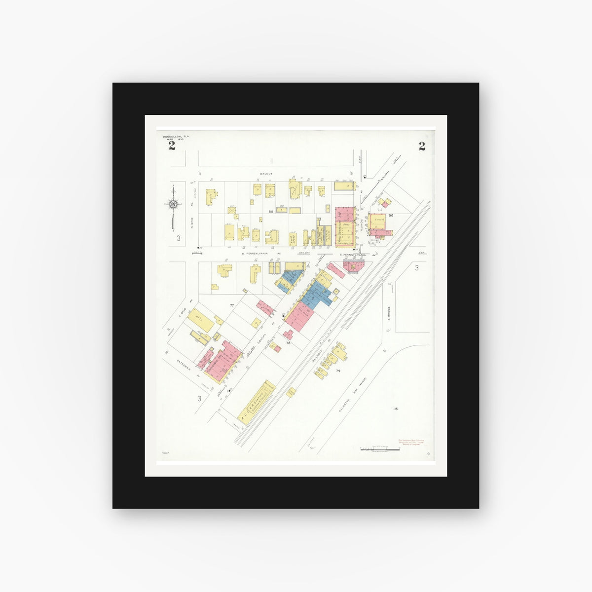 Old map wall art mockup — black gallery frame with white mat — Sanborn Fire Insurance Map from Dunnellon, Marion County, Florida (1933), Sheet #0002
