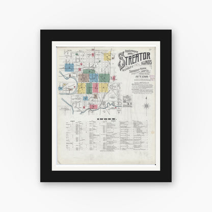Old map wall art mockup — black gallery frame with white mat — Sanborn Fire Insurance Map from Streator, La Salle County, Illinois (1901) - Complete Map Set