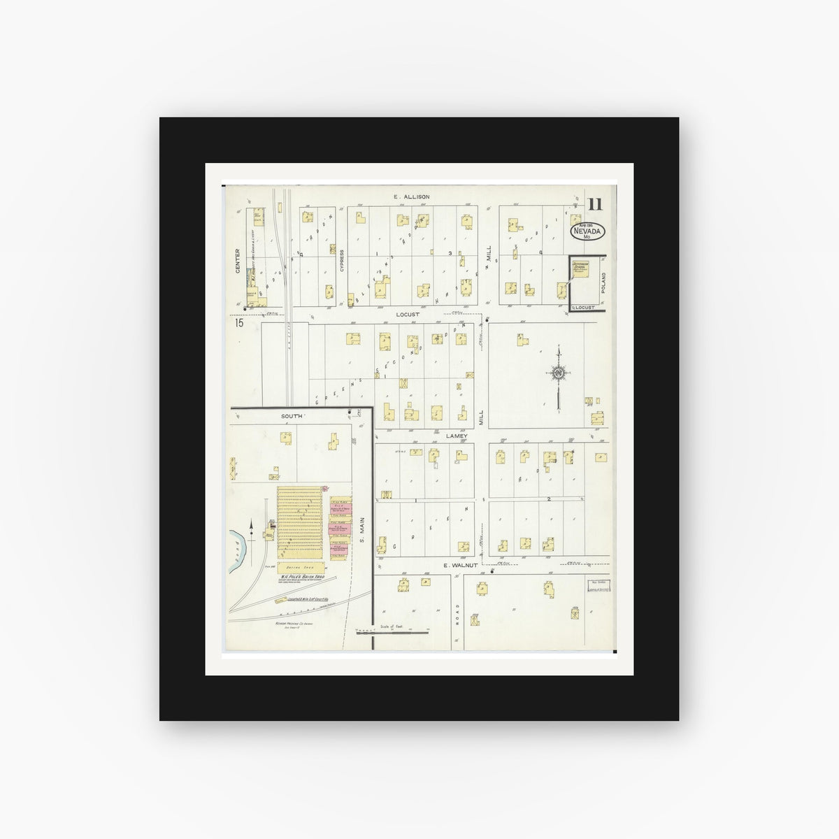 Old map wall art mockup — black gallery frame with white mat — Sanborn Fire Insurance Map from Nevada, Vernon County, Missouri (1914), Sheet #0011