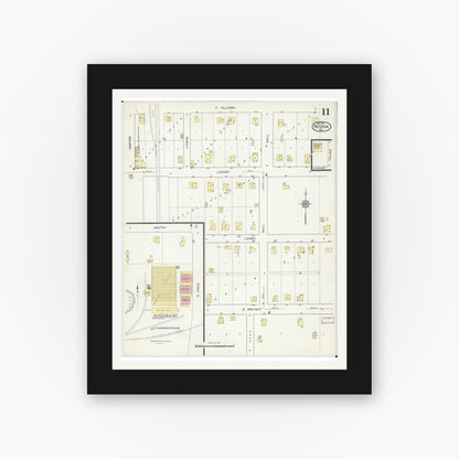 Old map wall art mockup — black gallery frame with white mat — Sanborn Fire Insurance Map from Nevada, Vernon County, Missouri (1914), Sheet #0011