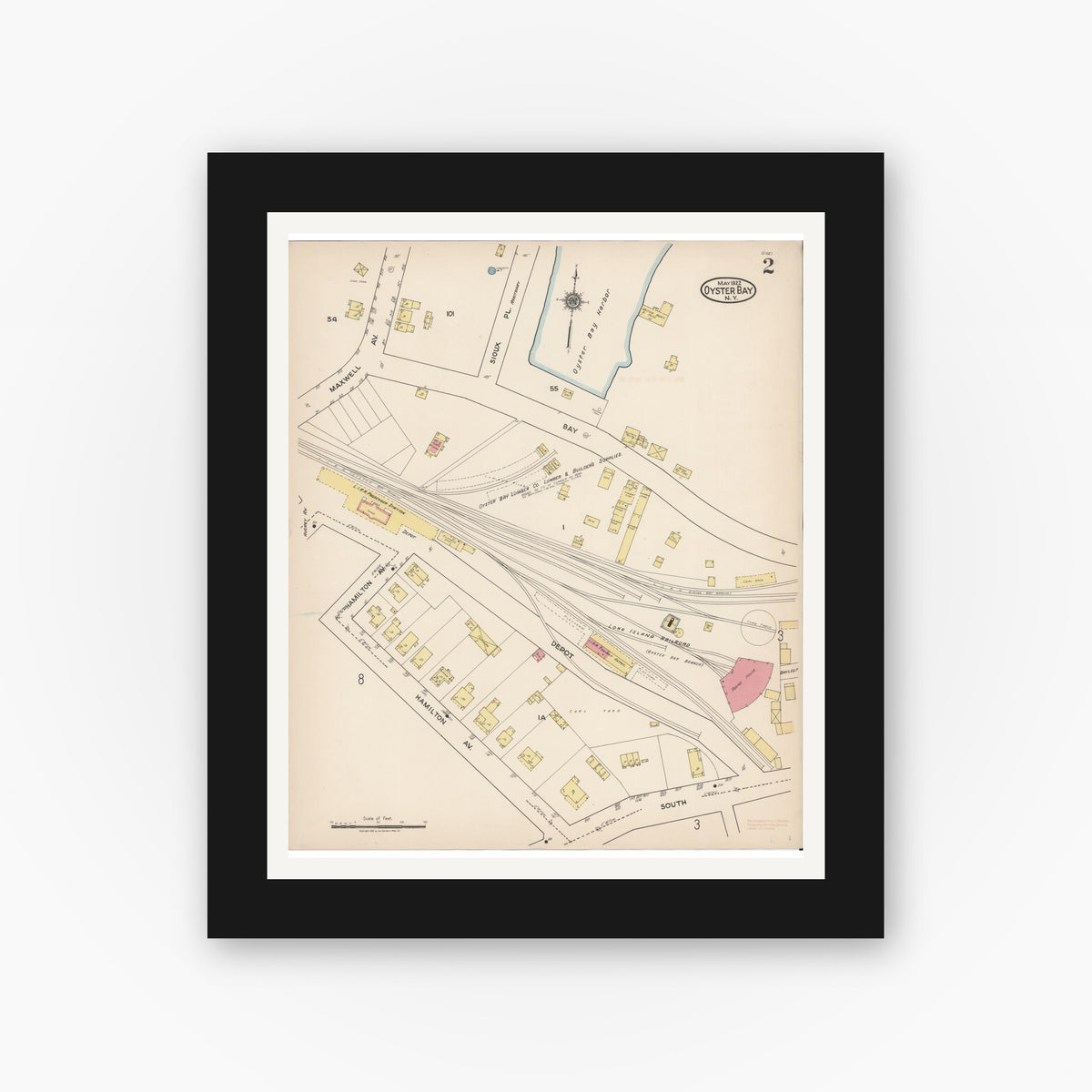Old map wall art mockup — black gallery frame with white mat — Sanborn Fire Insurance Map from Oyster Bay, Nassau County, New York (1922), Sheet #0002