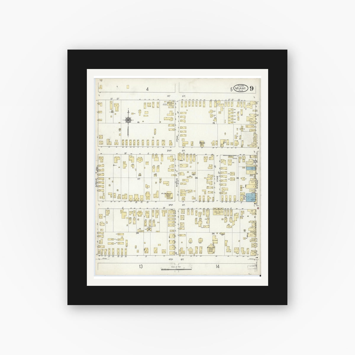 Old map wall art mockup — black gallery frame with white mat — Sanborn Fire Insurance Map from Miami, Dade County, Florida (1914), Sheet #0009