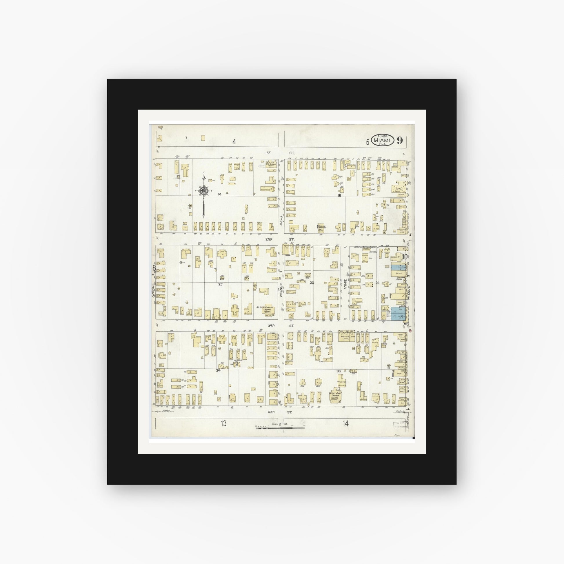Old map wall art mockup — black gallery frame with white mat — Sanborn Fire Insurance Map from Miami, Dade County, Florida (1914), Sheet #0009