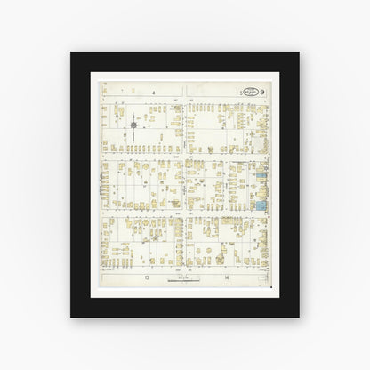 Old map wall art mockup — black gallery frame with white mat — Sanborn Fire Insurance Map from Miami, Dade County, Florida (1914), Sheet #0009