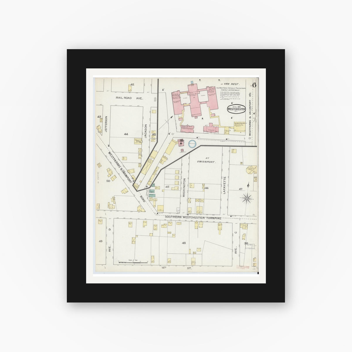 Old map wall art mockup — black gallery frame with white mat — Sanborn Fire Insurance Map from Westchester, Westchester County, New York (1893), Sheet #0006