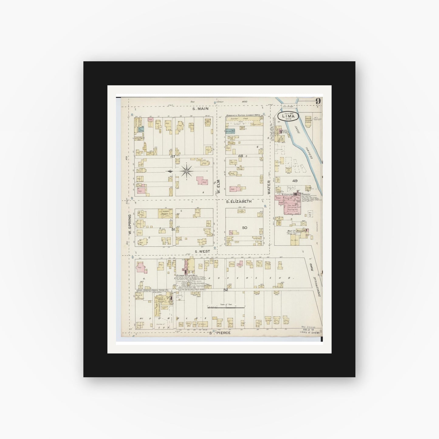 Old map wall art mockup — black gallery frame with white mat — Sanborn Fire Insurance Map from Lima, Allen County, Ohio (1887), Sheet #0009
