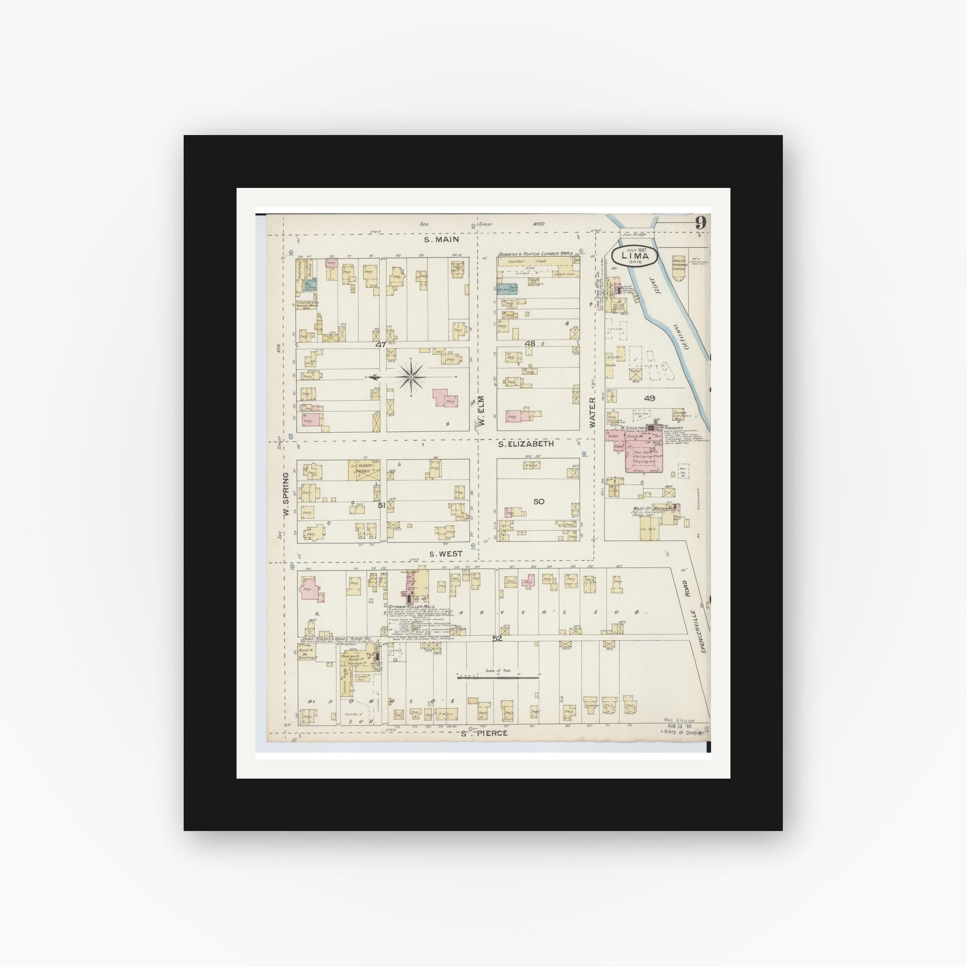 Old map wall art mockup — black gallery frame with white mat — Sanborn Fire Insurance Map from Lima, Allen County, Ohio (1887), Sheet #0009