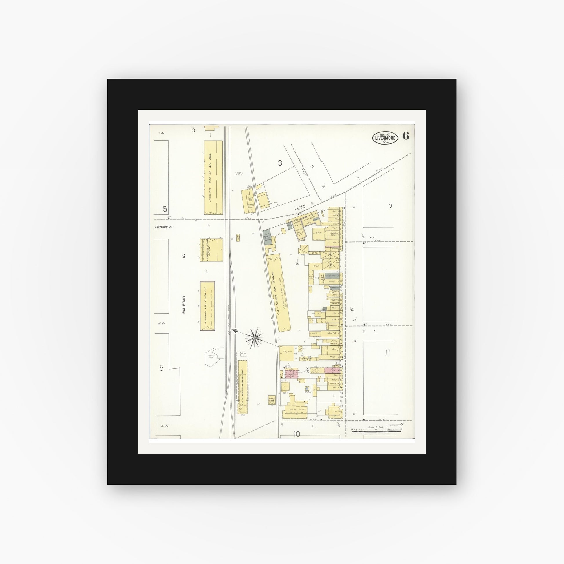 Old map wall art mockup — black gallery frame with white mat — Sanborn Fire Insurance Map from Livermore, Alameda County, California (1907), Sheet #0006