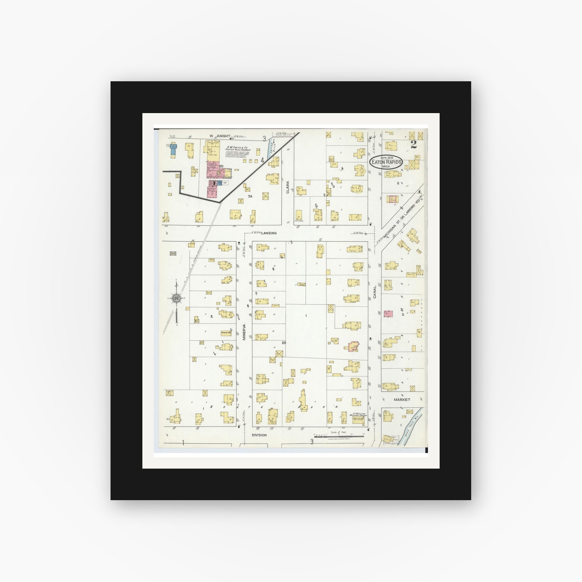 Old map wall art mockup — black gallery frame with white mat — Sanborn Fire Insurance Map from Eaton Rapids, Eaton County, Michigan (1918), Sheet #0002