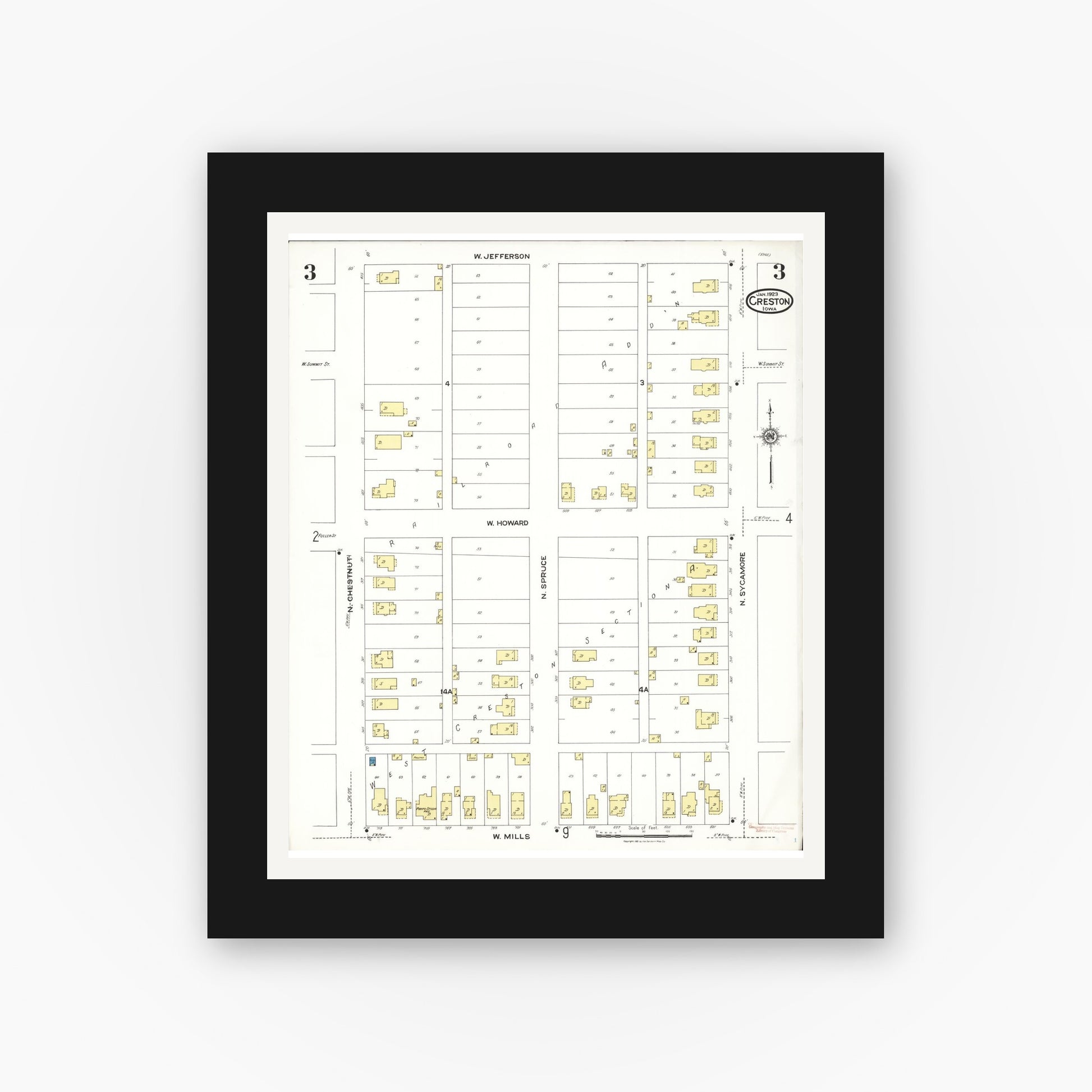 Old map wall art mockup — black gallery frame with white mat — Sanborn Fire Insurance Map from Creston, Union County, Iowa (1923), Sheet #0003