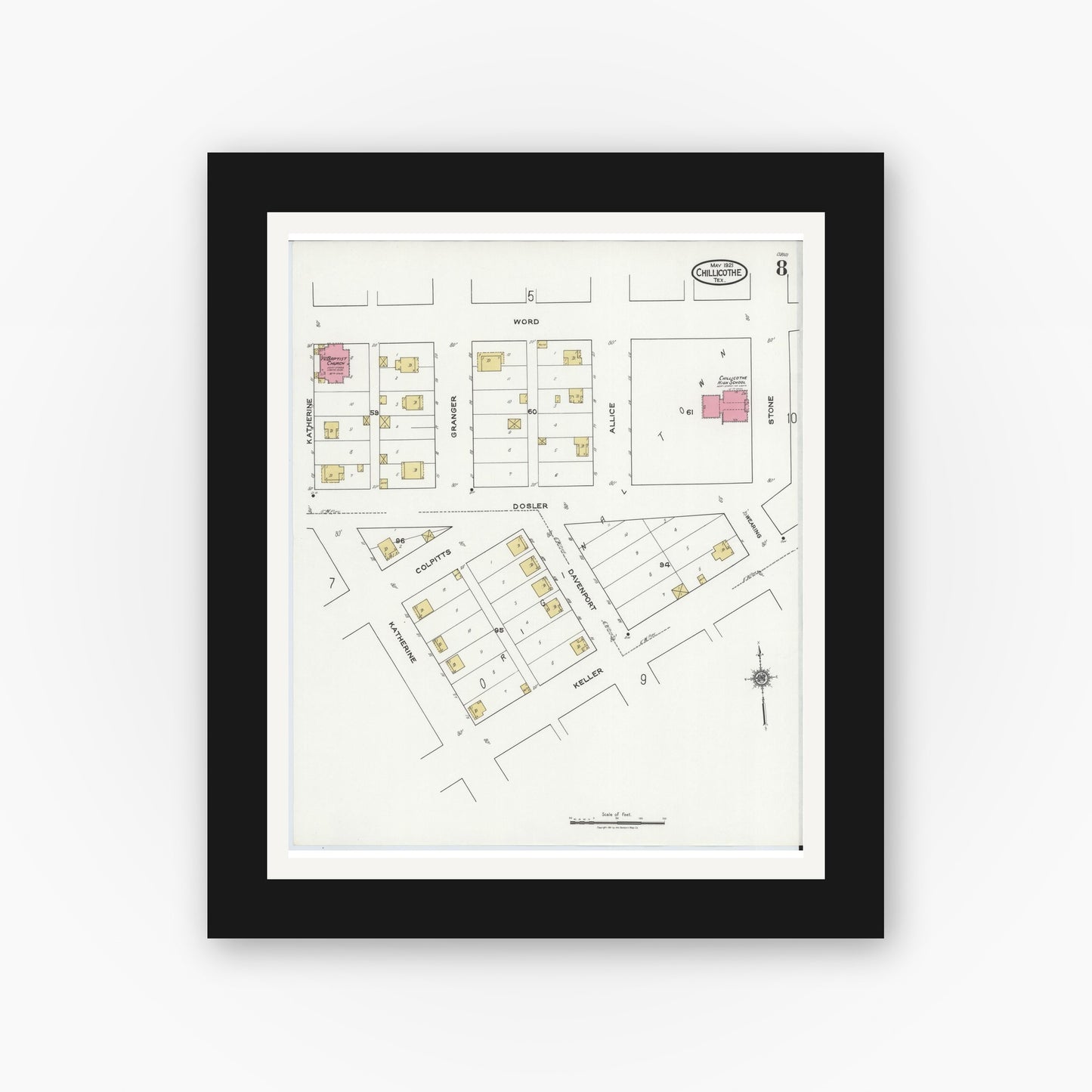 Old map wall art mockup — black gallery frame with white mat — Sanborn Fire Insurance Map from Chillicothe, Hardeman County, Texas (1921), Sheet #0008