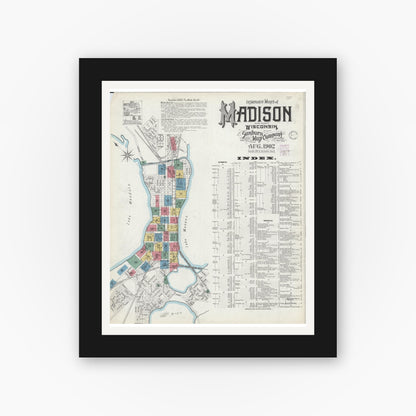 Old map wall art mockup — black gallery frame with white mat — Sanborn Fire Insurance Map from Madison, Dane County, Wisconsin (1902), Sheet #0001