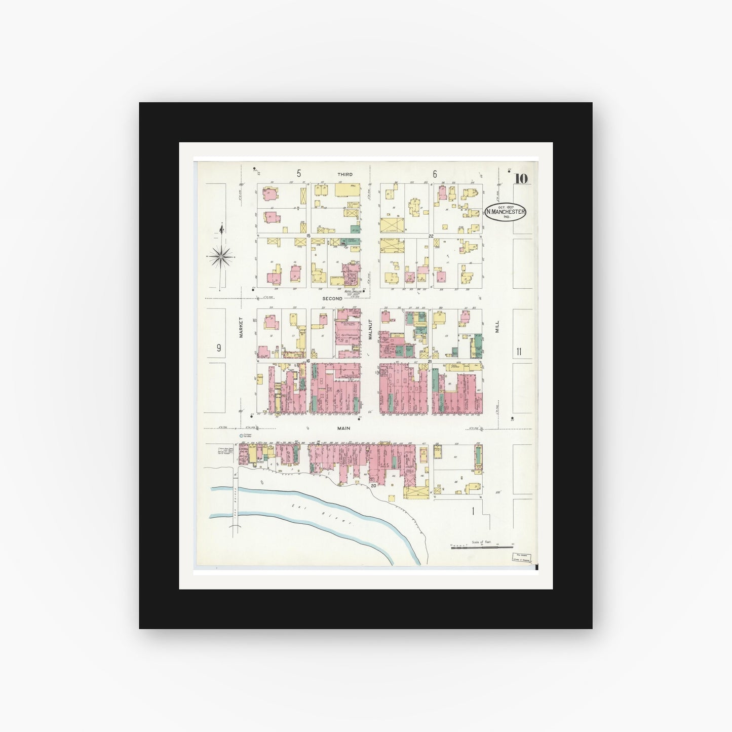 Old map wall art mockup — black gallery frame with white mat — Sanborn Fire Insurance Map from North Manchester, Wabash County, Indiana (1907), Sheet #0010
