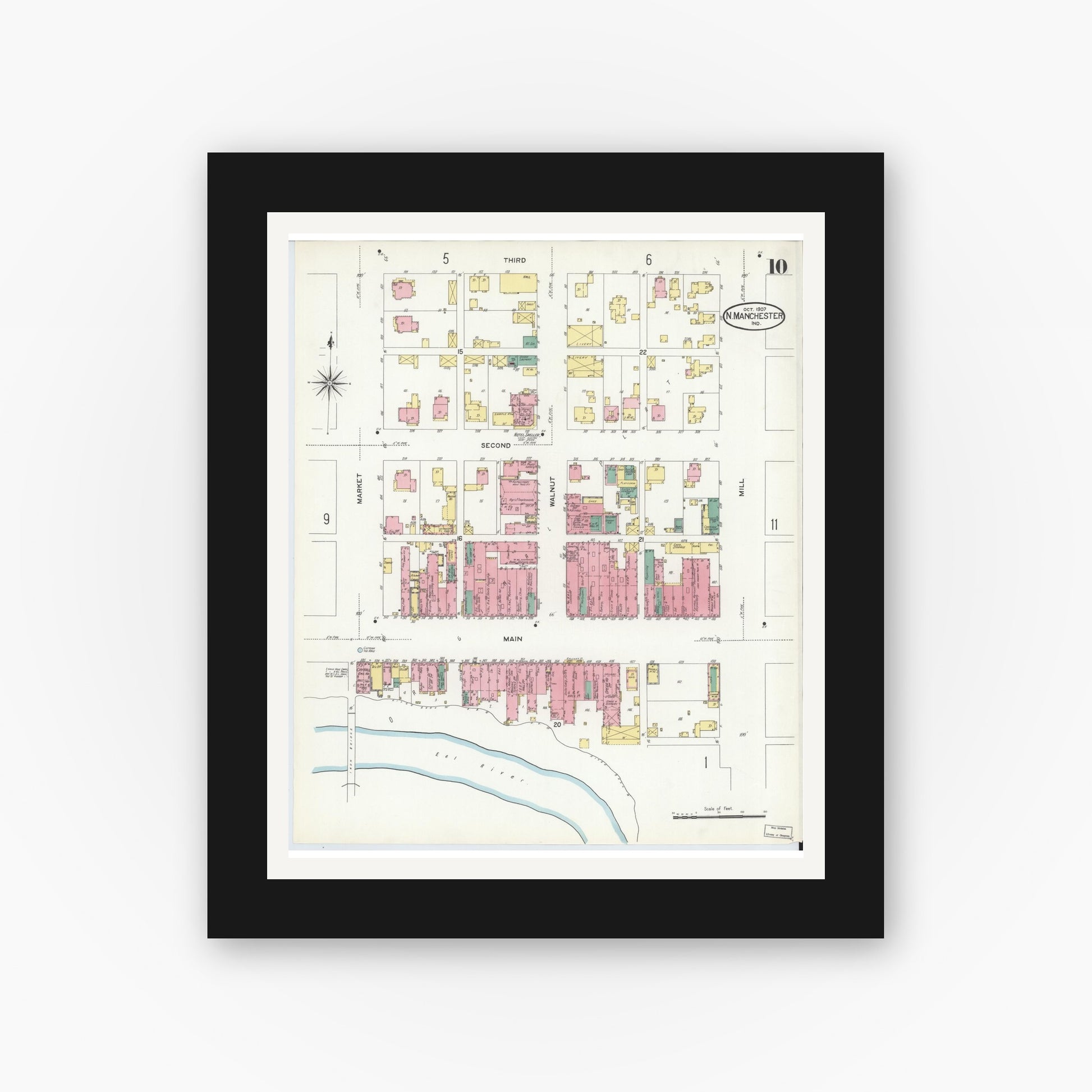 Old map wall art mockup — black gallery frame with white mat — Sanborn Fire Insurance Map from North Manchester, Wabash County, Indiana (1907), Sheet #0010
