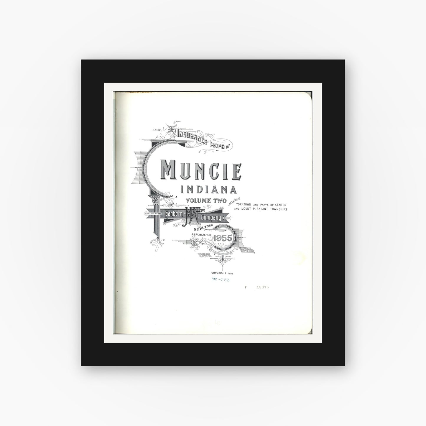 Old map wall art mockup — black gallery frame with white mat — Sanborn Fire Insurance Map from Muncie, Delaware County, Indiana (1955), Sheet #0001
