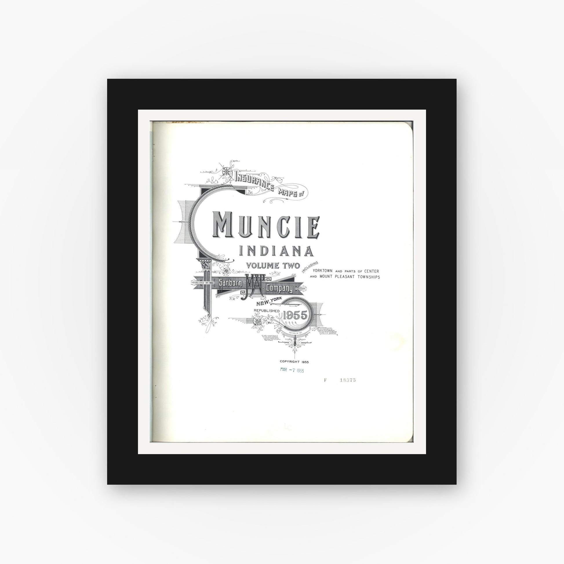 Old map wall art mockup — black gallery frame with white mat — Sanborn Fire Insurance Map from Muncie, Delaware County, Indiana (1955), Sheet #0001