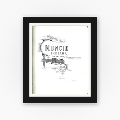 Old map wall art mockup — black gallery frame with white mat — Sanborn Fire Insurance Map from Muncie, Delaware County, Indiana (1955), Sheet #0001