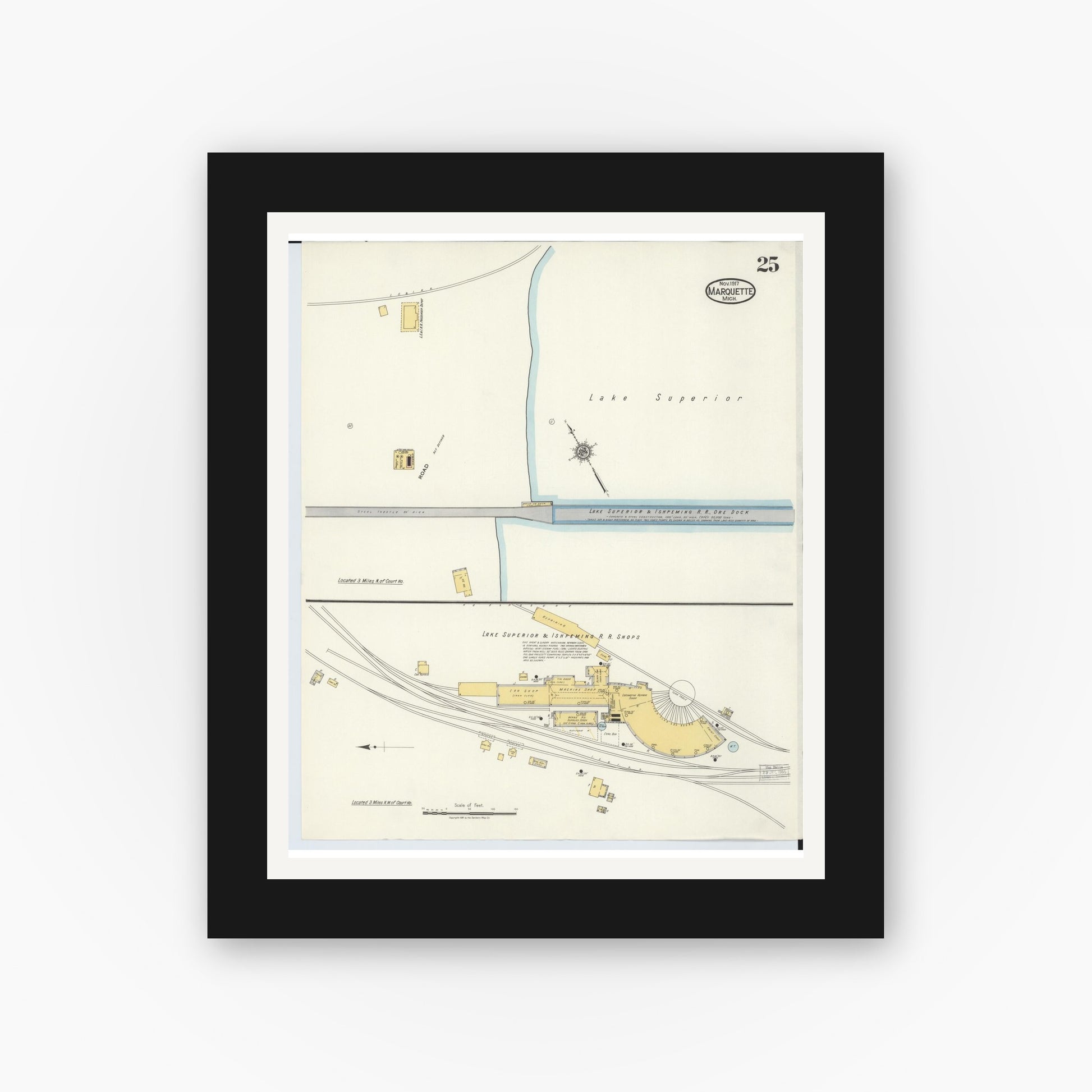 Old map wall art mockup — black gallery frame with white mat — Sanborn Fire Insurance Map from Marquette, Marquette County, Michigan (1917), Sheet #0025