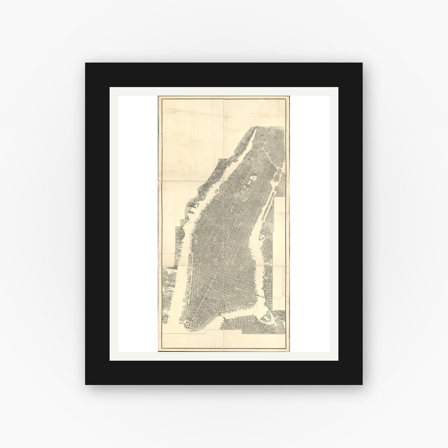 Old map wall art mockup — black gallery frame with white mat — [Bird's-eye-view of Manhattan and adjacent districts, New York City]. (1900)