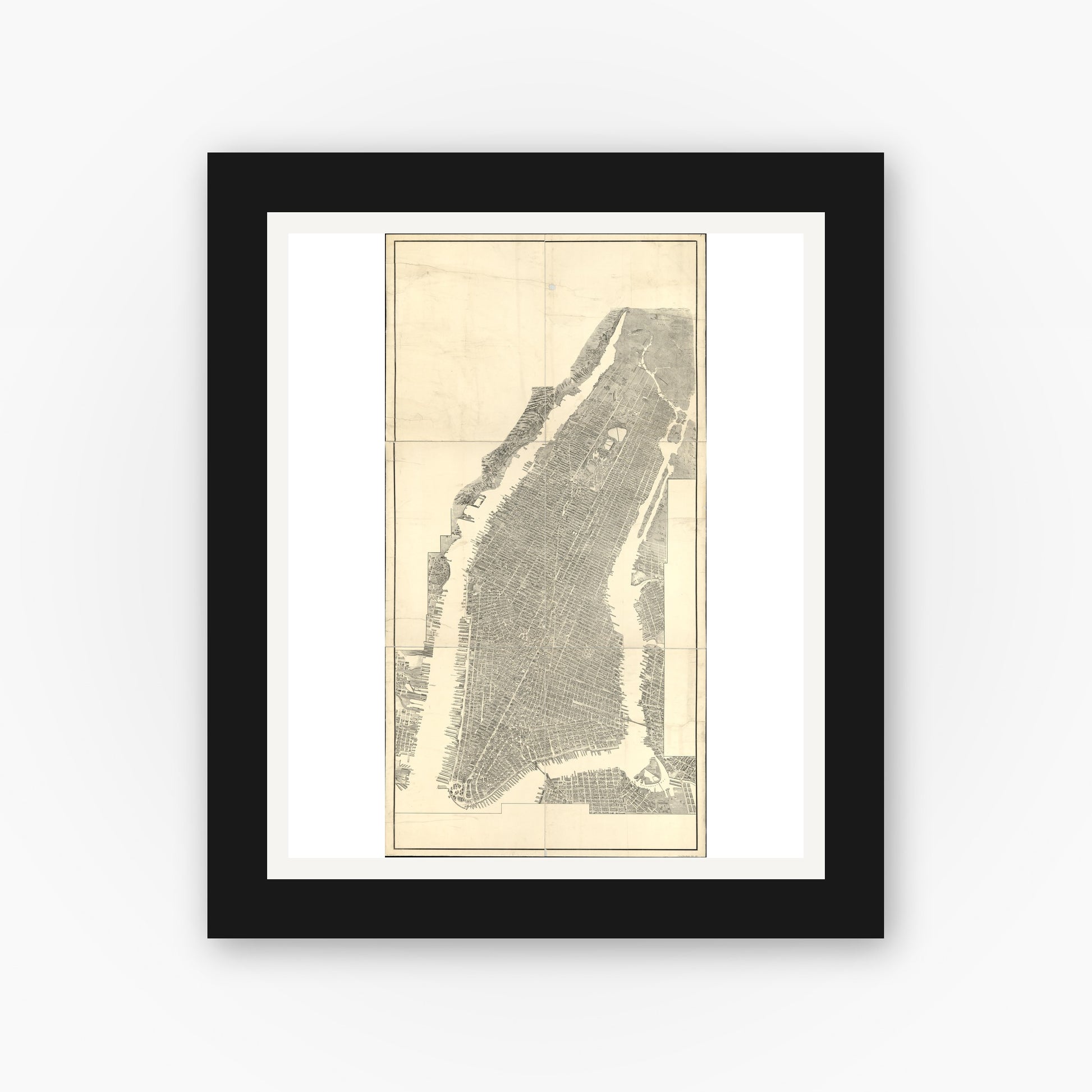 Old map wall art mockup — black gallery frame with white mat — [Bird's-eye-view of Manhattan and adjacent districts, New York City]. (1900)