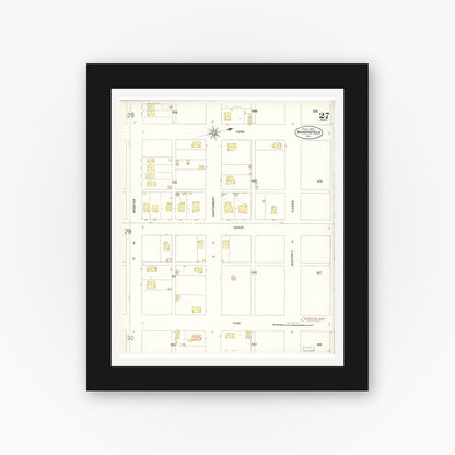 Old map wall art mockup — black gallery frame with white mat — Sanborn Fire Insurance Map from Bakersfield, Kern County, California (1905), Sheet #0027
