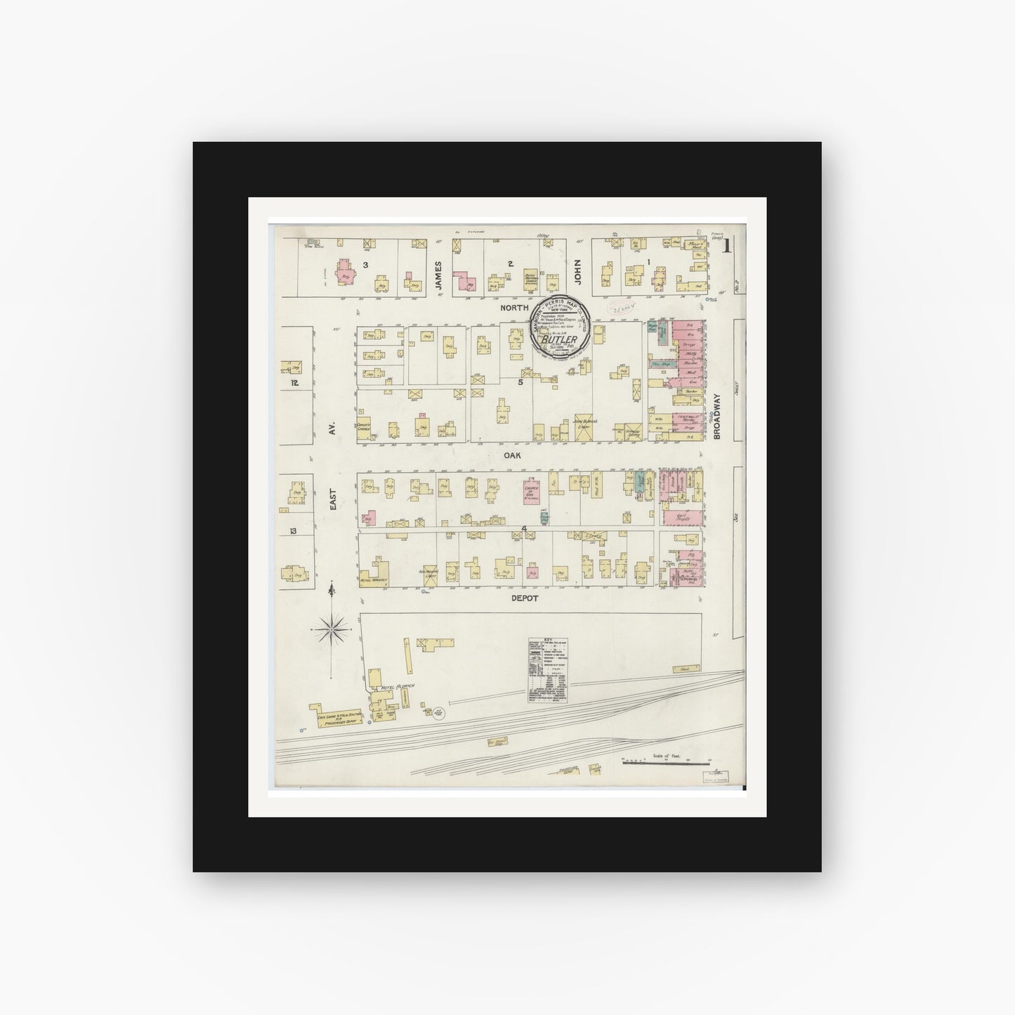 Old map wall art mockup — black gallery frame with white mat — Sanborn Fire Insurance Map from Butler, De Kalb County, Indiana (1890) - Complete Map Set