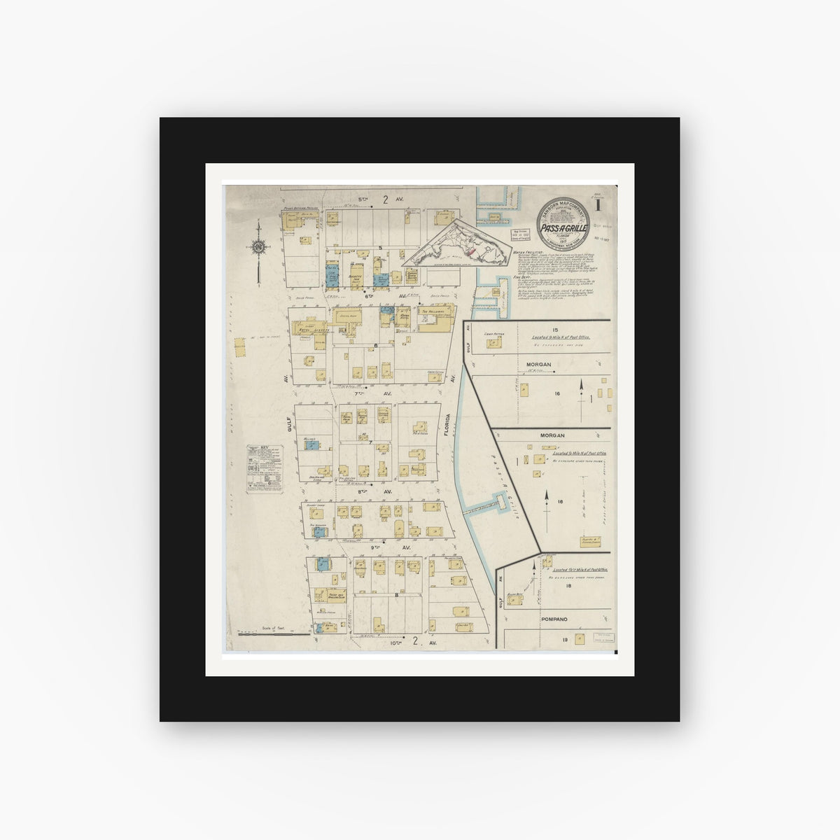 Old map wall art mockup — black gallery frame with white mat — Sanborn Fire Insurance Map from Pass-a-Grille, Pinellas County, Florida (1917) - Complete Map Set