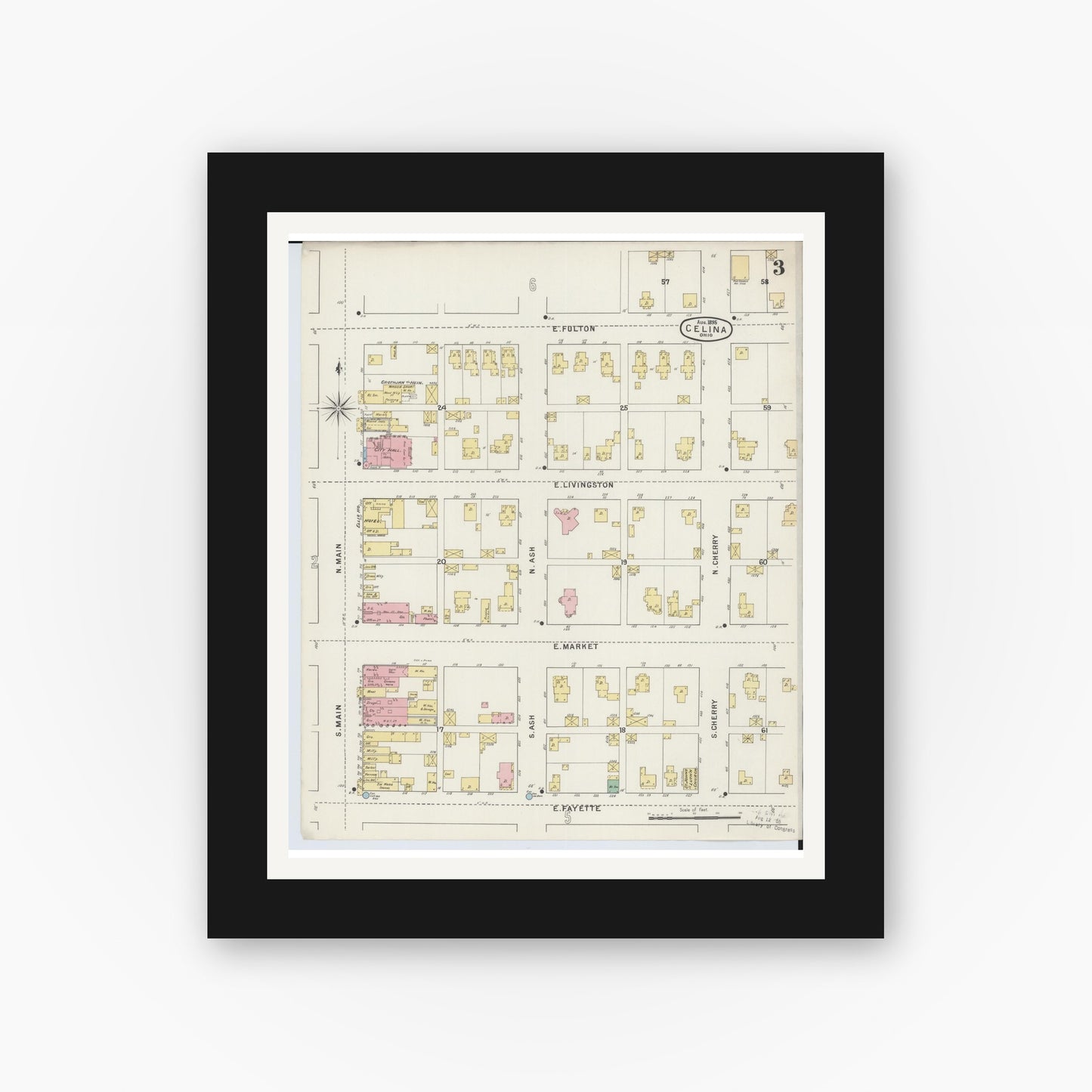 Old map wall art mockup — black gallery frame with white mat — Sanborn Fire Insurance Map from Celina, Mercer County, Ohio (1895), Sheet #0003
