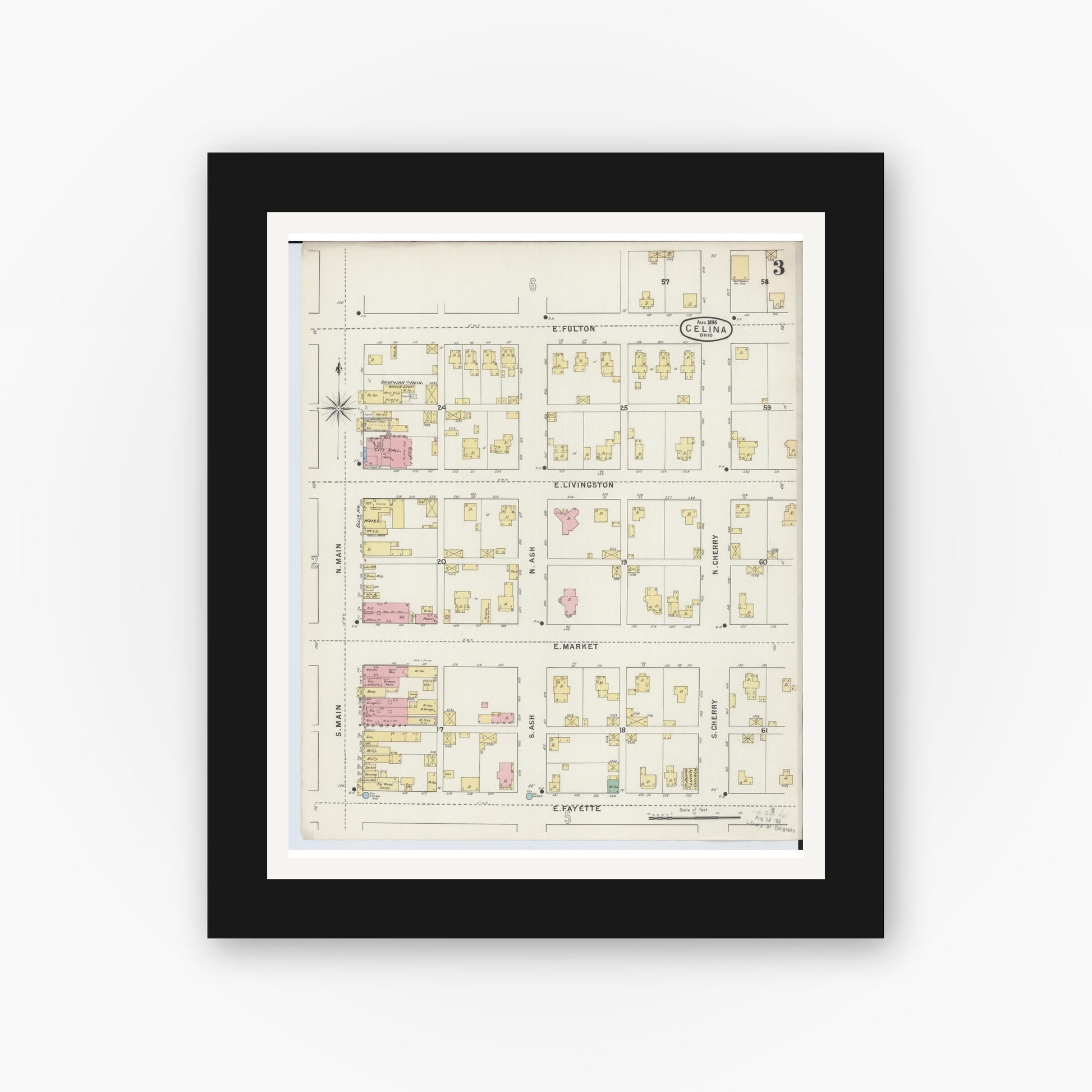 Old map wall art mockup — black gallery frame with white mat — Sanborn Fire Insurance Map from Celina, Mercer County, Ohio (1895), Sheet #0003