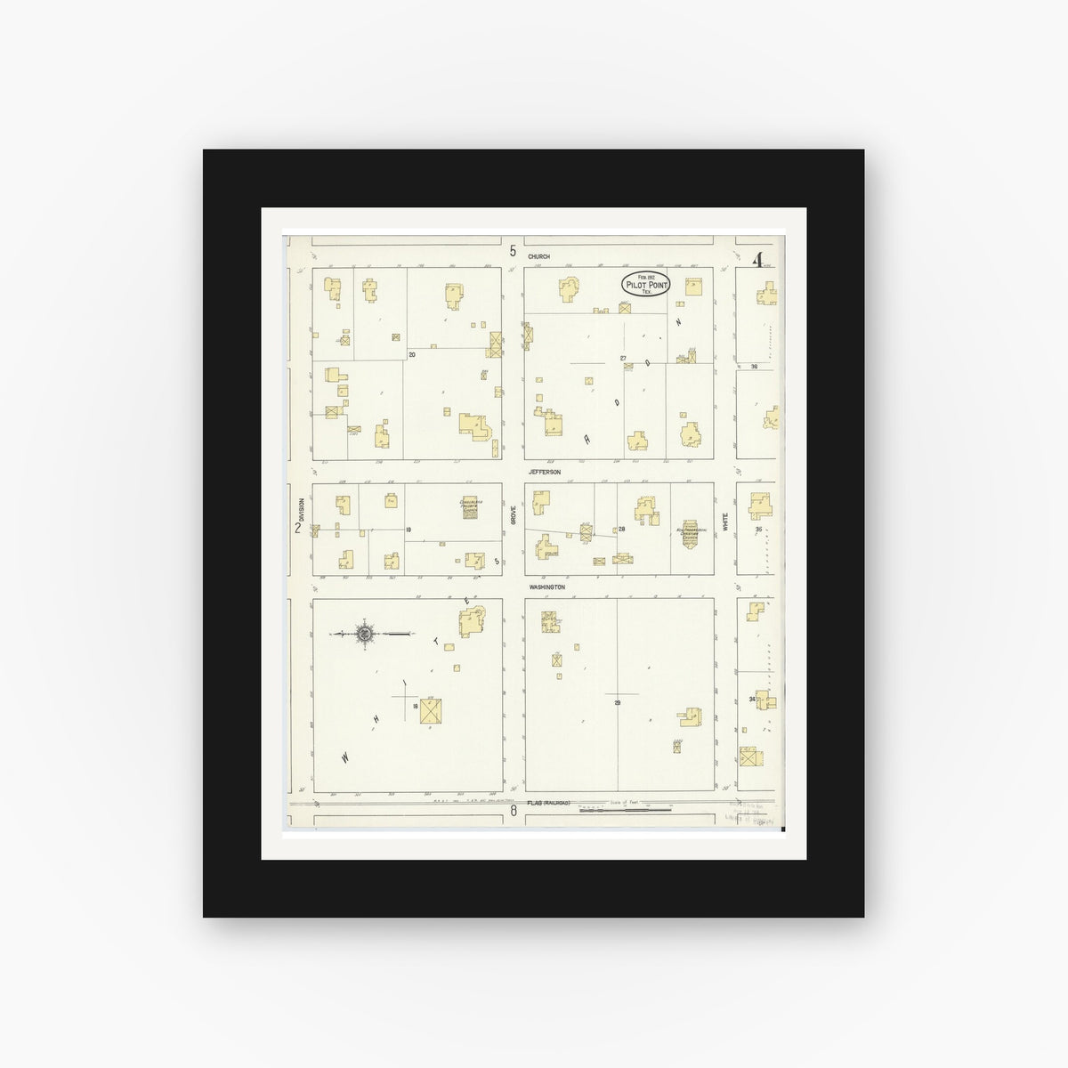 Old map wall art mockup — black gallery frame with white mat — Sanborn Fire Insurance Map from Pilot Point, Denton County, Texas (1912), Sheet #0004