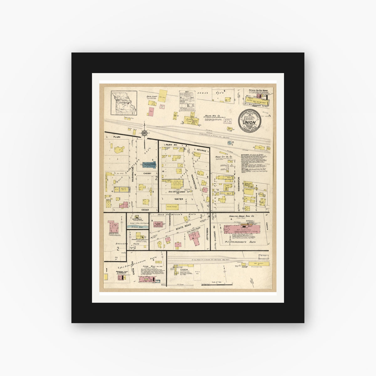 Old map wall art mockup — black gallery frame with white mat — Sanborn Fire Insurance Map from Union, Franklin County, Missouri (1913), Sheet #0001
