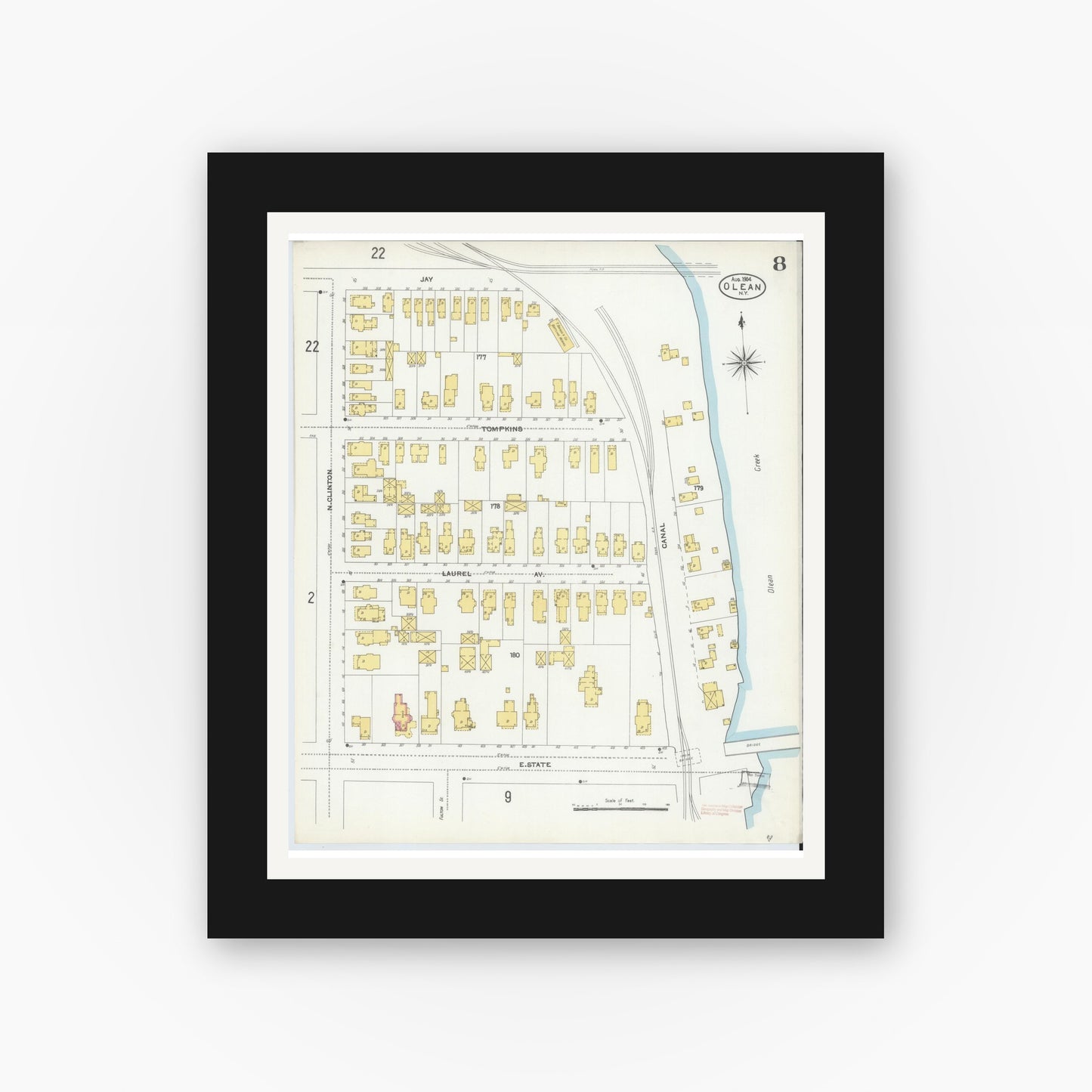 Old map wall art mockup — black gallery frame with white mat — Sanborn Fire Insurance Map from Olean, Cattaraugus County, New York (1904), Sheet #0008