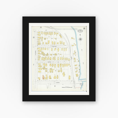 Old map wall art mockup — black gallery frame with white mat — Sanborn Fire Insurance Map from Olean, Cattaraugus County, New York (1904), Sheet #0008