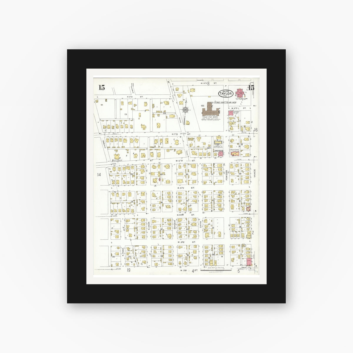 Old map wall art mockup — black gallery frame with white mat — Sanborn Fire Insurance Map from Taylor, Williamson County, Texas (1923), Sheet #0015