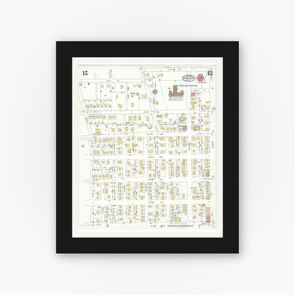 Old map wall art mockup — black gallery frame with white mat — Sanborn Fire Insurance Map from Taylor, Williamson County, Texas (1923), Sheet #0015