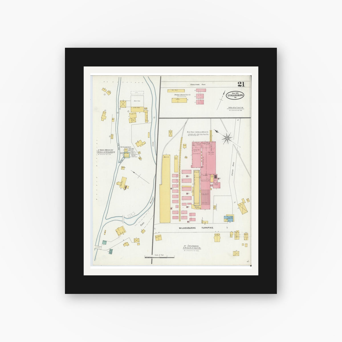 Old map wall art mockup — black gallery frame with white mat — Sanborn Fire Insurance Map from Stroudsburg, Monroe County, Pennsylvania (1905), Sheet #0021