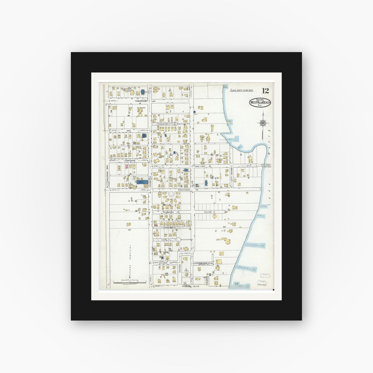 Old map wall art mockup — black gallery frame with white mat — Sanborn Fire Insurance Map from West Palm Beach, Dade County, Florida (1920), Sheet #0012