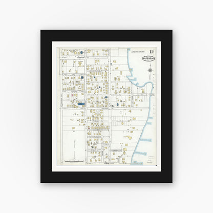 Old map wall art mockup — black gallery frame with white mat — Sanborn Fire Insurance Map from West Palm Beach, Dade County, Florida (1920), Sheet #0012