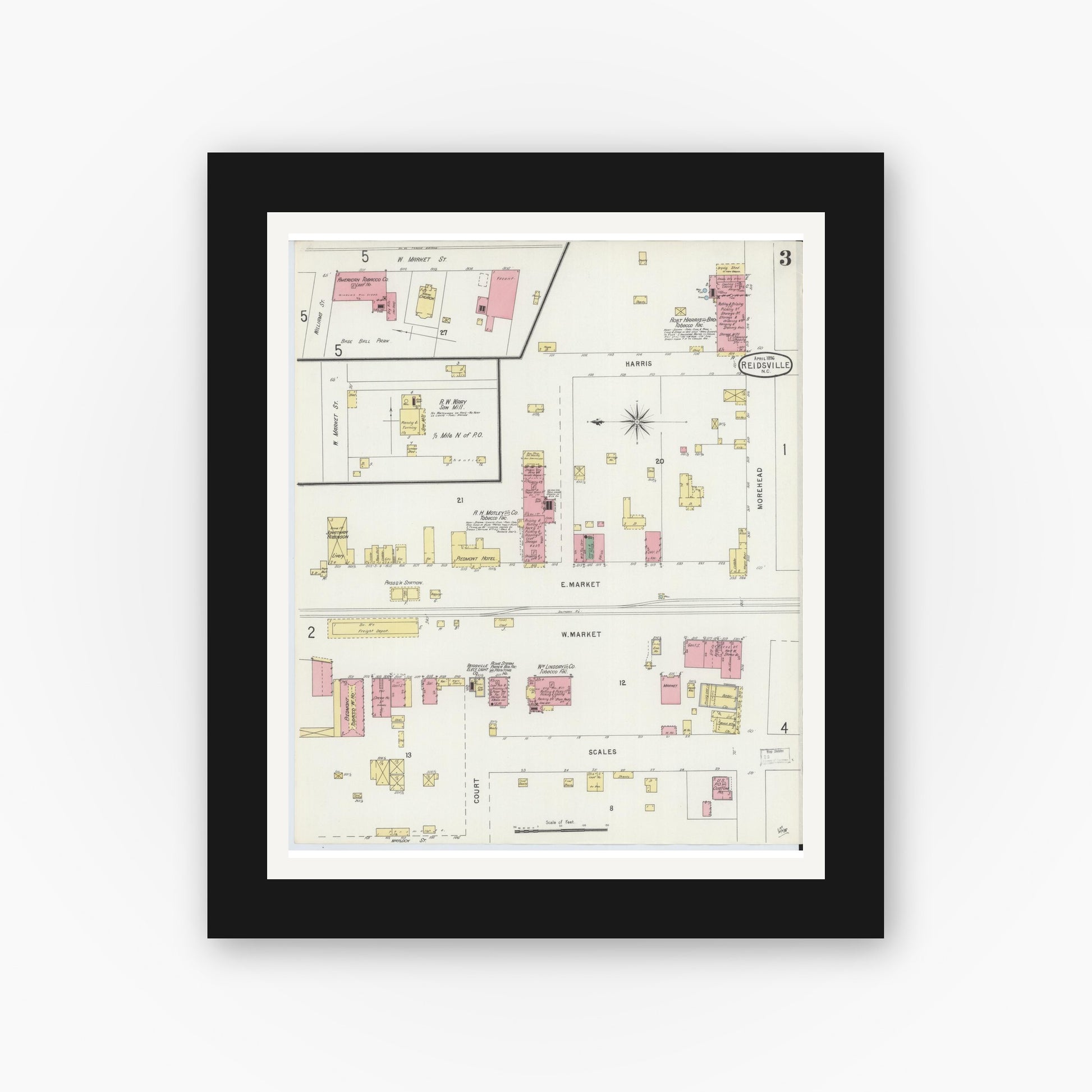 Old map wall art mockup — black gallery frame with white mat — Sanborn Fire Insurance Map from Reidsville, Rockingham County, North Carolina (1896), Sheet #0003